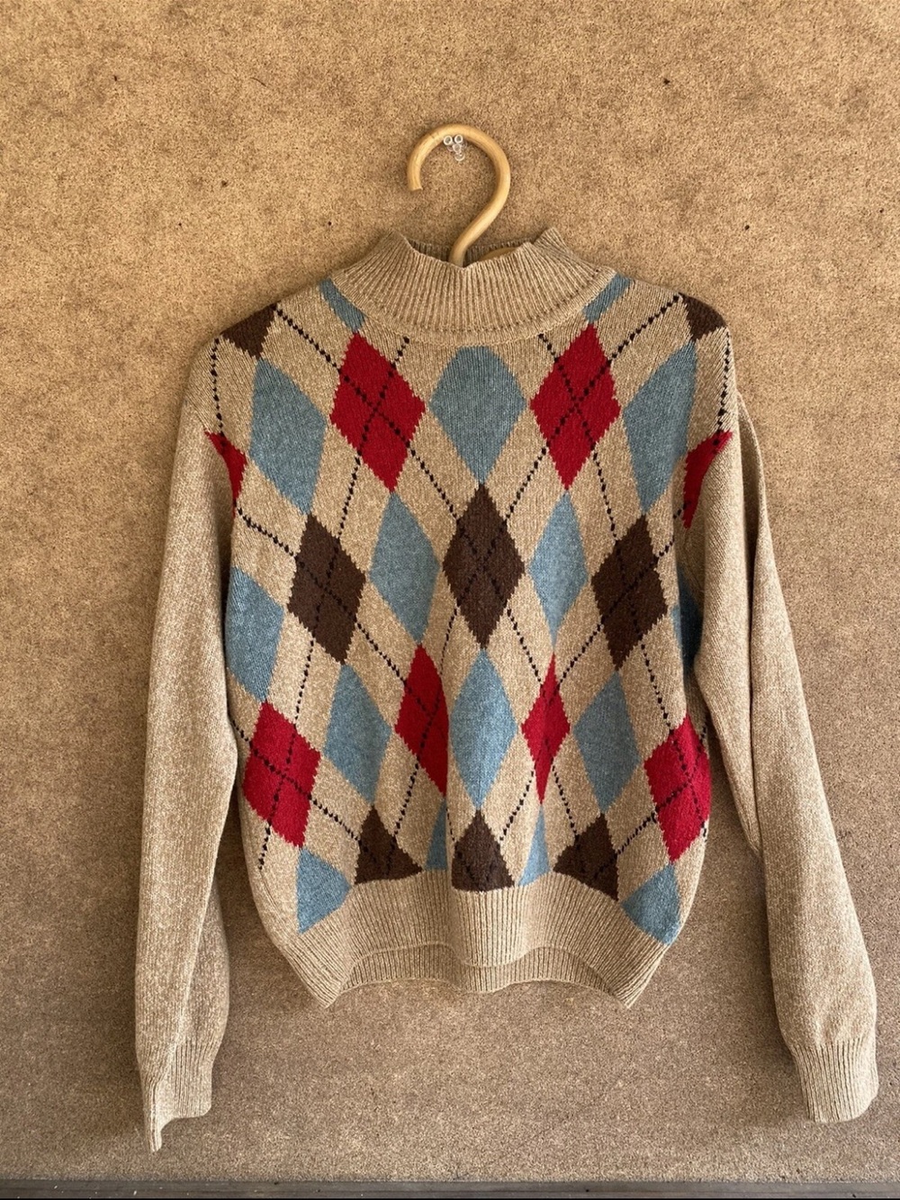 Robert Scott Vintage Beige Argyle Mock Neck Sweater wool silk blend - Medium